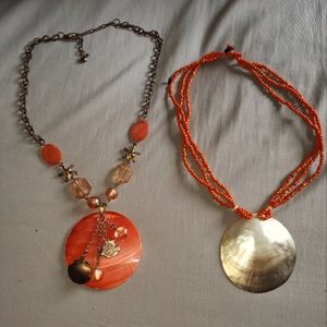 2 Shell Necklaces *Large Shell w/ Red/orange Beading* Shell w/ Beach Themed Char